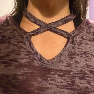 Oddy brand maroon distressed shirt with fun cutouts by collar